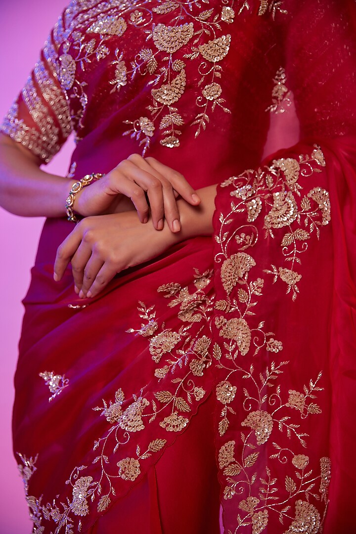 Rani Pink Silk Organza Sequins Embroidered Wedding Saree Set by JUHI SHEKHAWAT at Pernia's Pop Up Shop