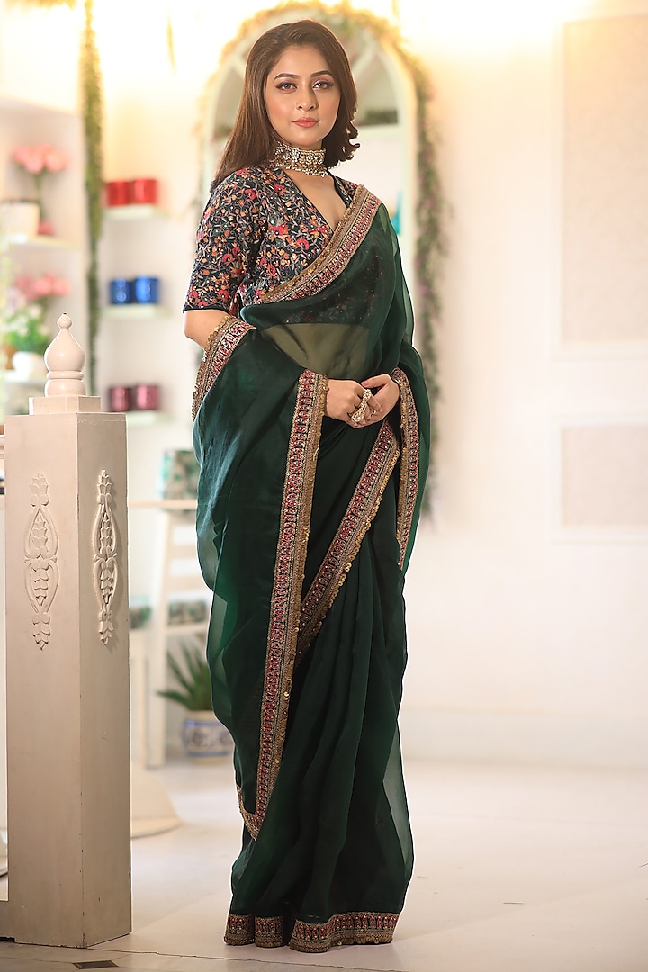 Green Silk Organza Zardosi & Thread Embroidered Wedding Saree Set by JUHI SHEKHAWAT at Pernia's Pop Up Shop