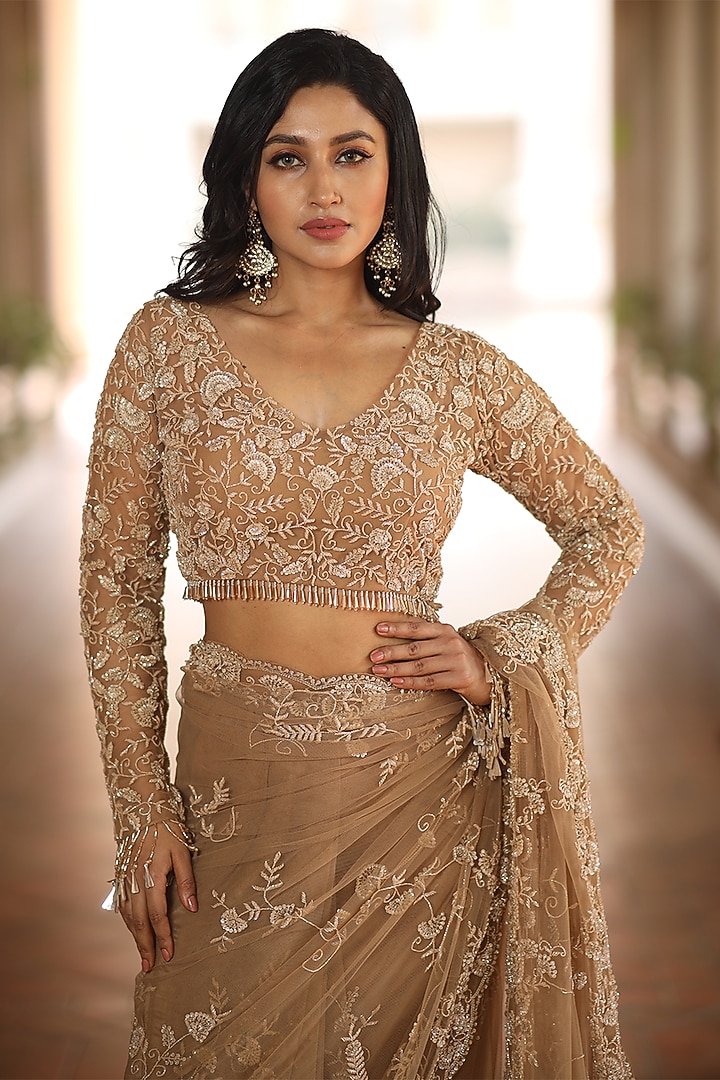 Beige Net Sequins & Cutdana Embroidered Wedding Saree Set by JUHI SHEKHAWAT at Pernia's Pop Up Shop