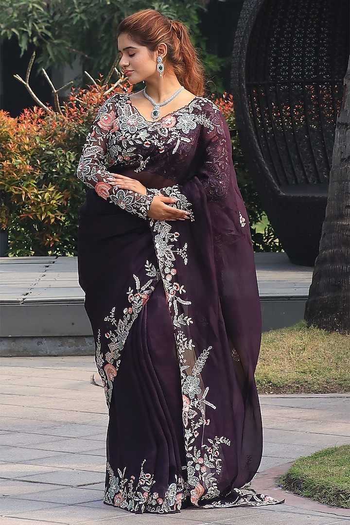 Wine Silk Organza Sequins & Cutdana Embroidered Saree Set by JUHI SHEKHAWAT at Pernia's Pop Up Shop