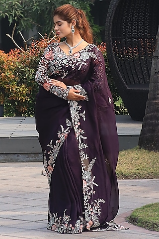Wine Silk Organza Sequins & Cutdana Embroidered Saree Set by JUHI SHEKHAWAT
