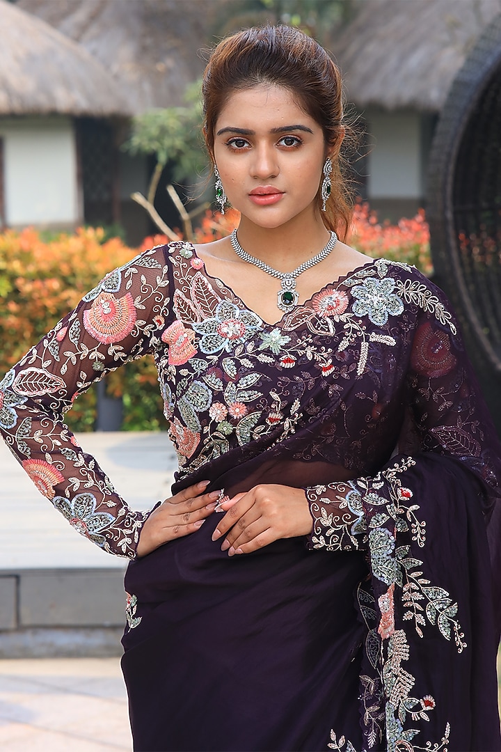 Wine Silk Organza Sequins & Cutdana Embroidered Wedding Saree Set by JUHI SHEKHAWAT at Pernia's Pop Up Shop