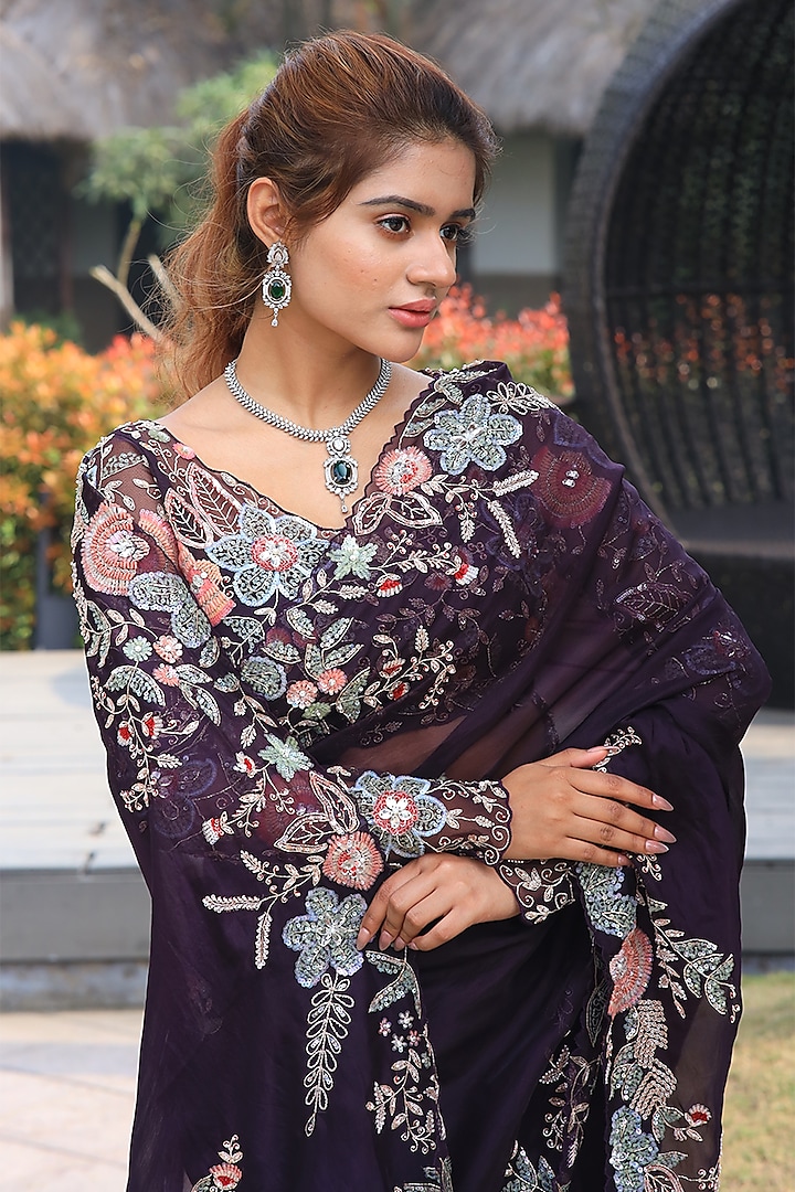 Wine Silk Organza Sequins & Cutdana Embroidered Wedding Saree Set by JUHI SHEKHAWAT at Pernia's Pop Up Shop