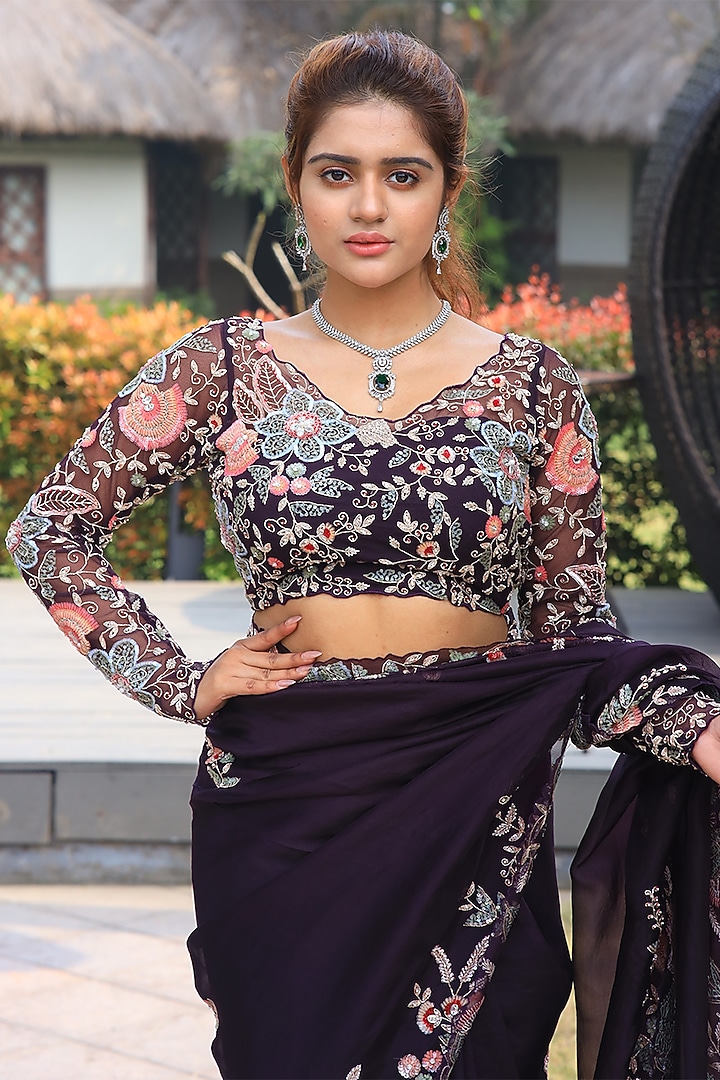 Wine Silk Organza Sequins & Cutdana Embroidered Wedding Saree Set by JUHI SHEKHAWAT at Pernia's Pop Up Shop