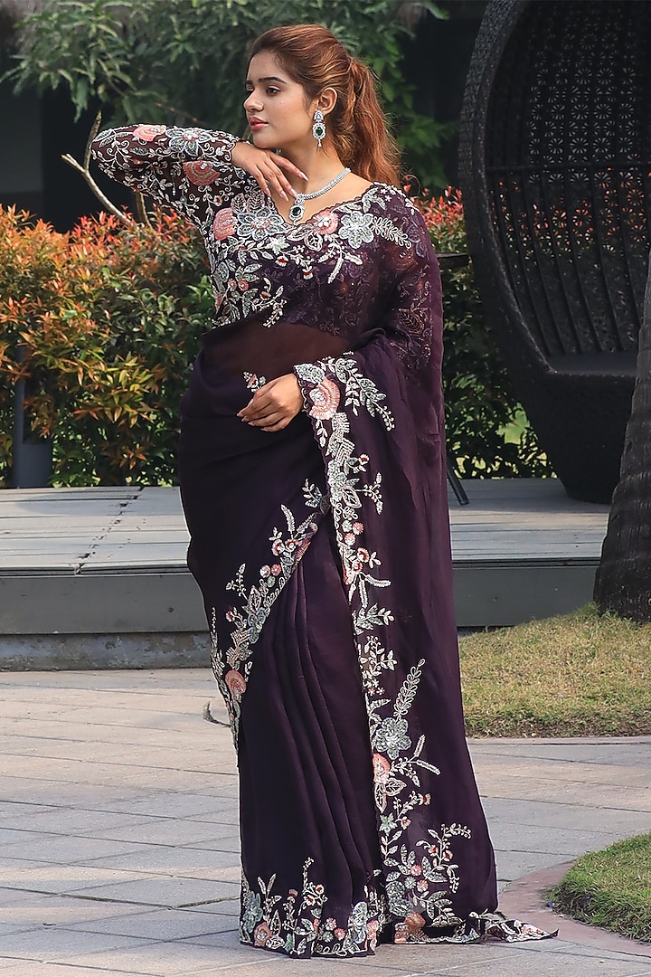 Wine Silk Organza Sequins & Cutdana Embroidered Wedding Saree Set by JUHI SHEKHAWAT at Pernia's Pop Up Shop