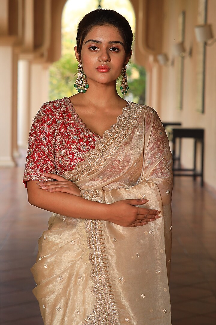 Gold Tissue Zardosi Embroidered Wedding Saree Set by JUHI SHEKHAWAT at Pernia's Pop Up Shop