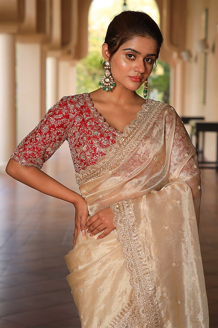 Gold Tissue Zardosi Embroidered Wedding Saree Set by JUHI SHEKHAWAT at Pernia's Pop Up Shop