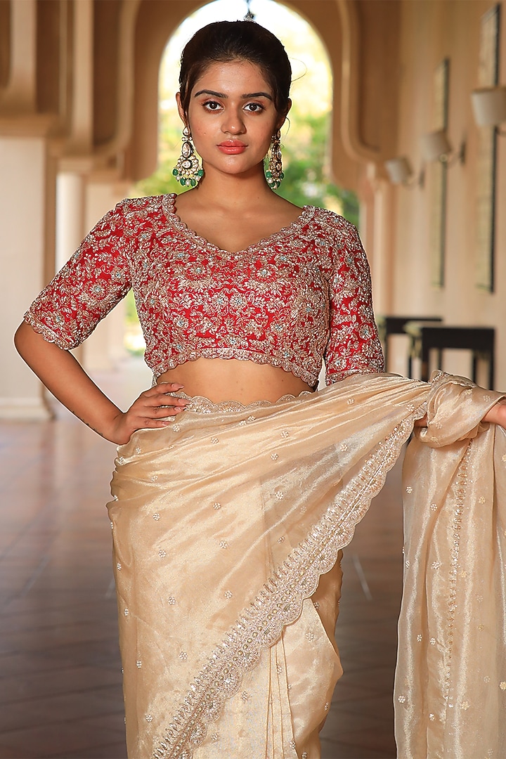 Gold Tissue Zardosi Embroidered Wedding Saree Set by JUHI SHEKHAWAT at Pernia's Pop Up Shop