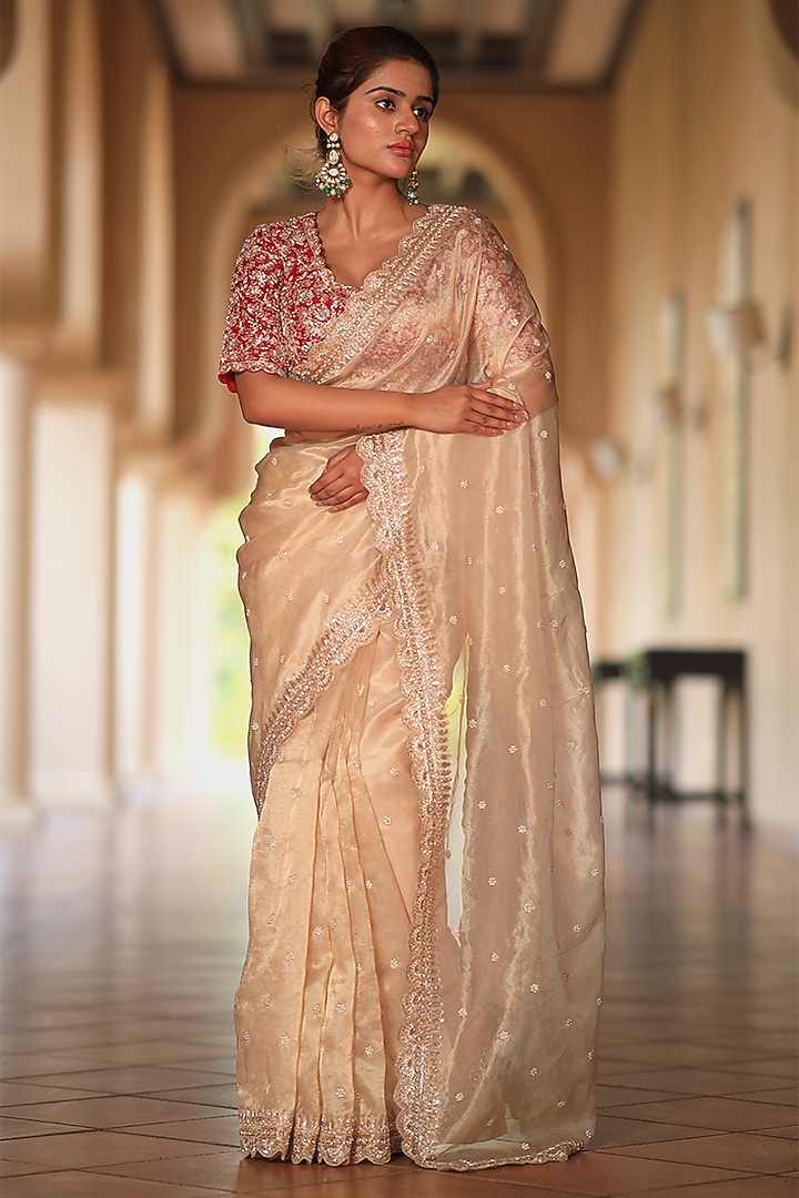 Gold Tissue Zardosi Embroidered Wedding Saree Set by JUHI SHEKHAWAT at Pernia's Pop Up Shop