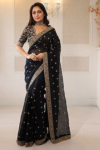 Black Organza Zardosi & Thread Embroidered Saree Set by JUHI SHEKHAWAT