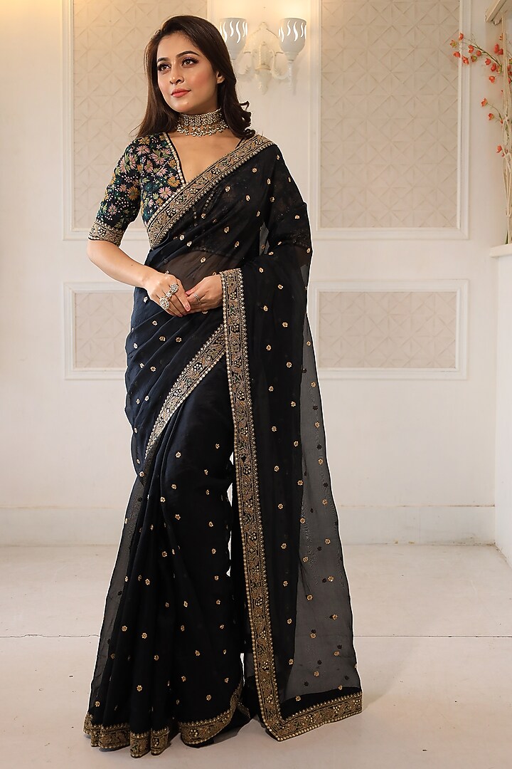 Black Organza Zardosi & Thread Embroidered Wedding Saree Set by JUHI SHEKHAWAT at Pernia's Pop Up Shop