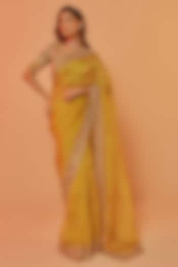 Yellow Silk Organza Zardosi Embroidered Wedding Saree Set by JUHI SHEKHAWAT at Pernia's Pop Up Shop