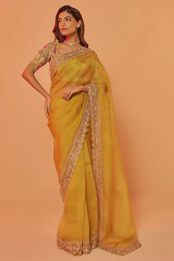 Yellow Silk Organza Zardosi Embroidered Wedding Saree Set by JUHI SHEKHAWAT at Pernia's Pop Up Shop