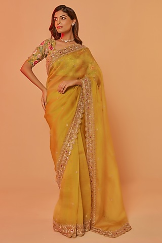 Yellow Silk Organza Zardosi Embroidered Saree Set by JUHI SHEKHAWAT