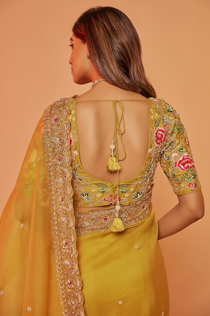 Yellow Silk Organza Zardosi Embroidered Wedding Saree Set by JUHI SHEKHAWAT at Pernia's Pop Up Shop