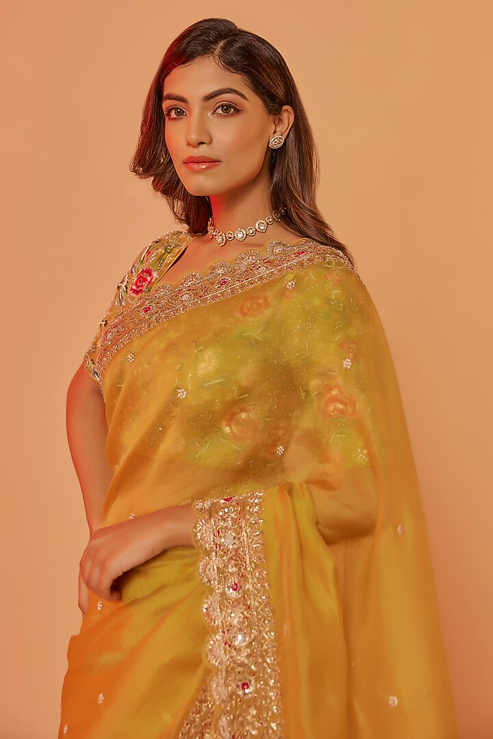 Yellow Silk Organza Zardosi Embroidered Wedding Saree Set by JUHI SHEKHAWAT at Pernia's Pop Up Shop
