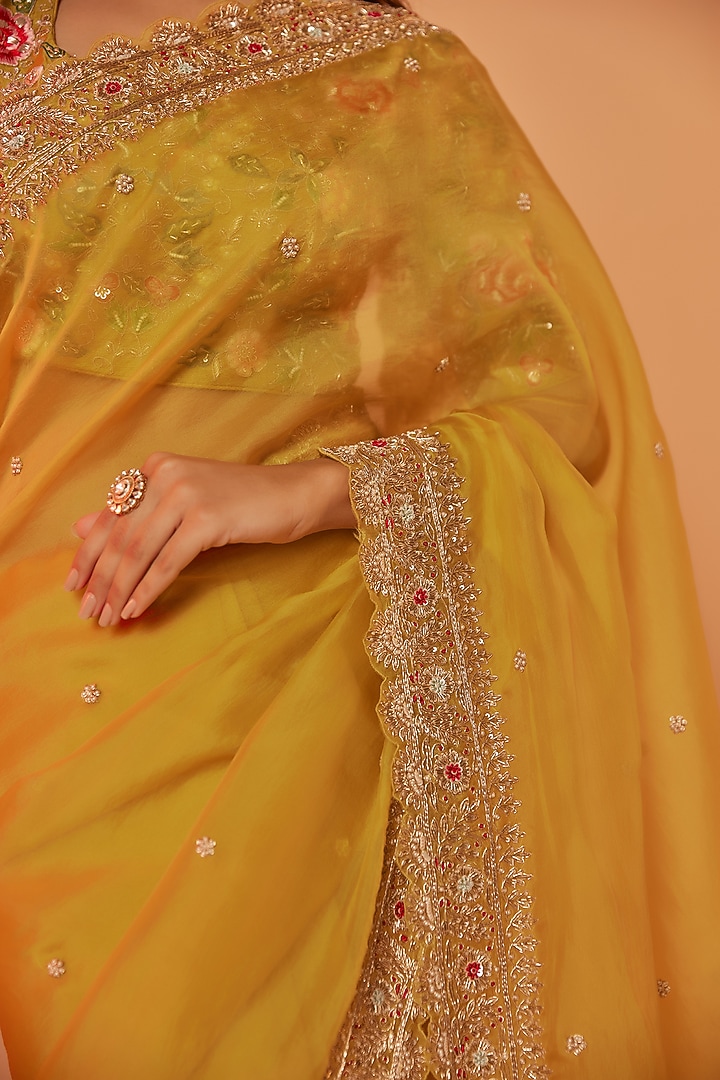 Yellow Silk Organza Zardosi Embroidered Wedding Saree Set by JUHI SHEKHAWAT at Pernia's Pop Up Shop