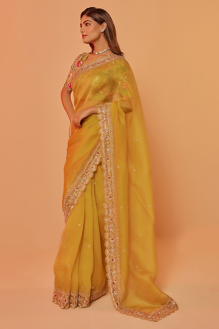 Yellow Silk Organza Zardosi Embroidered Wedding Saree Set by JUHI SHEKHAWAT at Pernia's Pop Up Shop