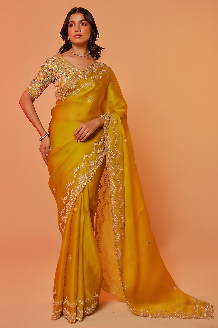 Yellow Silk Organza Sequins Embroidered Wedding Saree Set by JUHI SHEKHAWAT at Pernia's Pop Up Shop