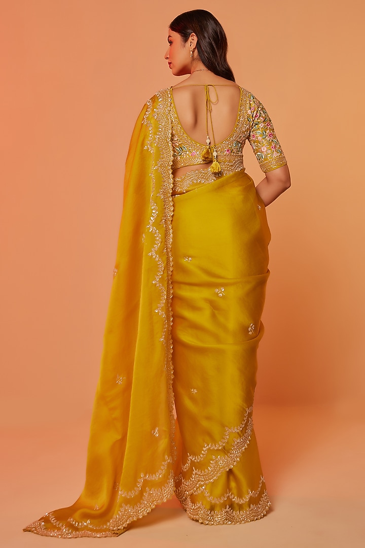 Yellow Silk Organza Sequins Embroidered Wedding Saree Set by JUHI SHEKHAWAT at Pernia's Pop Up Shop