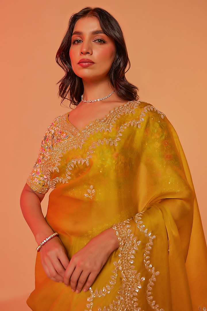Yellow Silk Organza Sequins Embroidered Wedding Saree Set by JUHI SHEKHAWAT at Pernia's Pop Up Shop