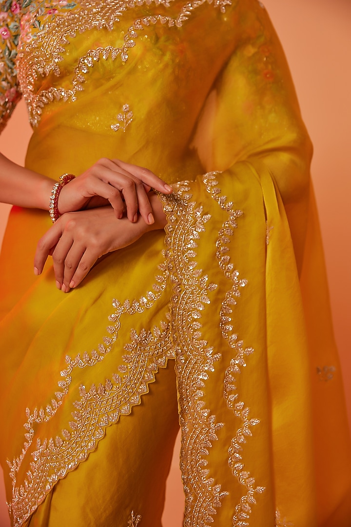 Yellow Silk Organza Sequins Embroidered Wedding Saree Set by JUHI SHEKHAWAT at Pernia's Pop Up Shop