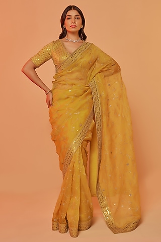 Yellow Silk Organza Sequins Embroidered Saree Set by JUHI SHEKHAWAT