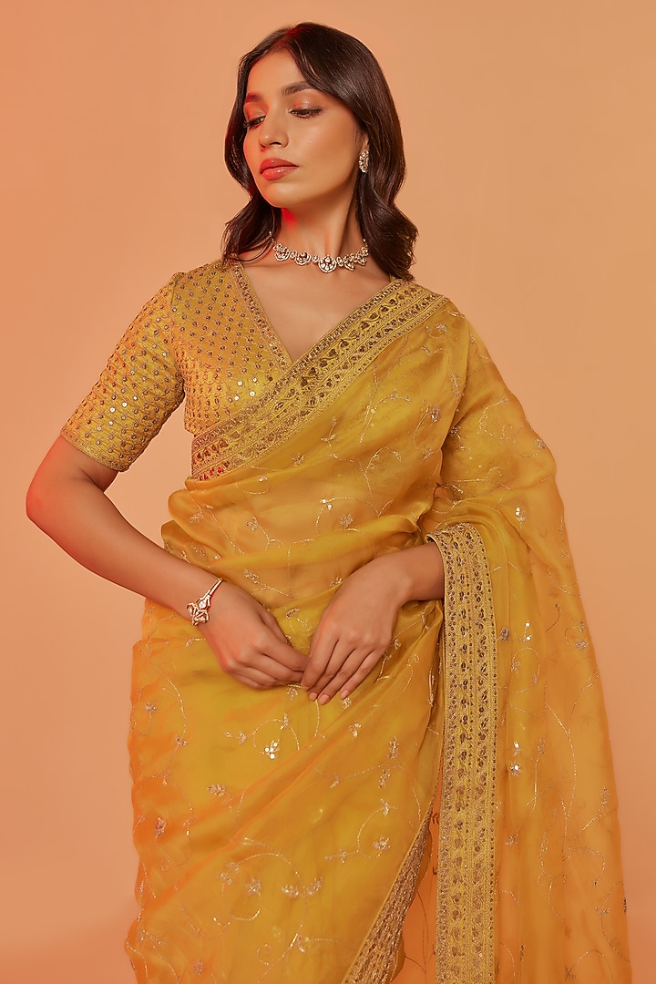 Yellow Silk Organza Sequins Embroidered Wedding Saree Set by JUHI SHEKHAWAT at Pernia's Pop Up Shop