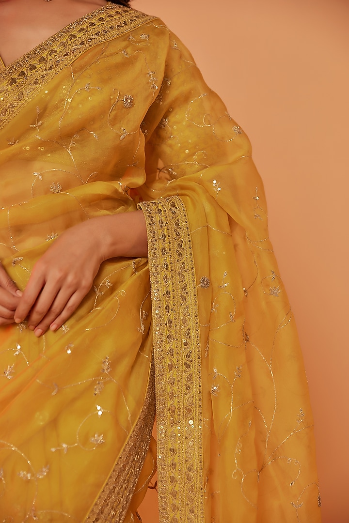 Yellow Silk Organza Sequins Embroidered Wedding Saree Set by JUHI SHEKHAWAT at Pernia's Pop Up Shop