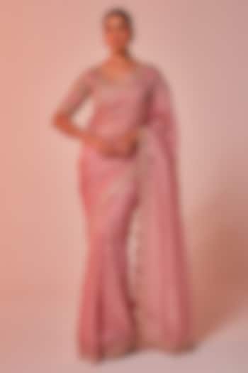 Pink Silk Organza Zardosi Embroidered Wedding Saree Set by JUHI SHEKHAWAT at Pernia's Pop Up Shop