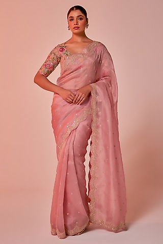 Pink Silk Organza Zardosi Embroidered Saree Set by JUHI SHEKHAWAT