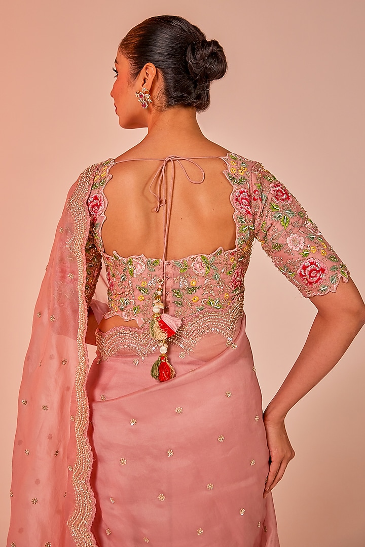 Pink Silk Organza Zardosi Embroidered Wedding Saree Set by JUHI SHEKHAWAT at Pernia's Pop Up Shop