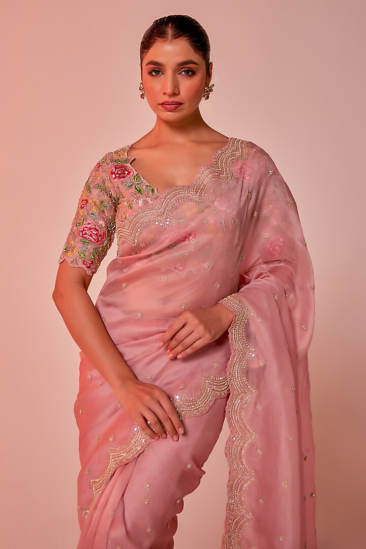 Pink Silk Organza Zardosi Embroidered Wedding Saree Set by JUHI SHEKHAWAT at Pernia's Pop Up Shop
