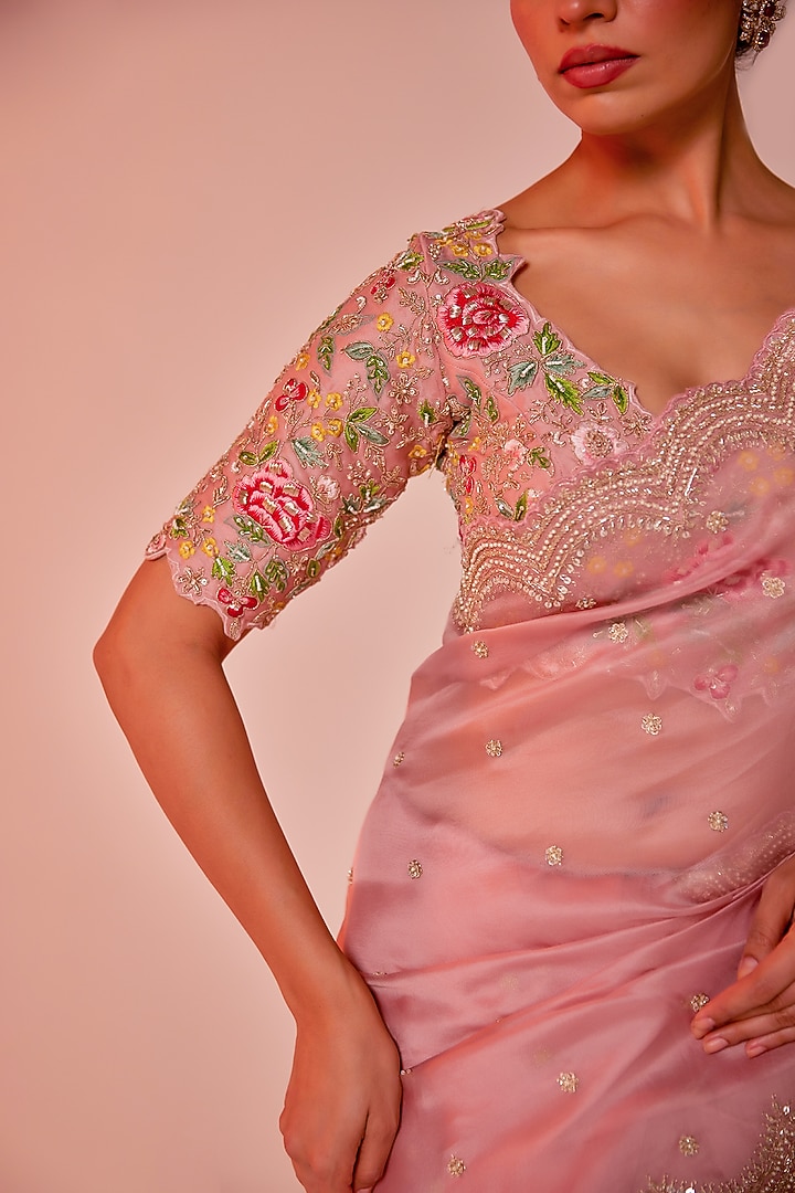 Pink Silk Organza Zardosi Embroidered Wedding Saree Set by JUHI SHEKHAWAT at Pernia's Pop Up Shop