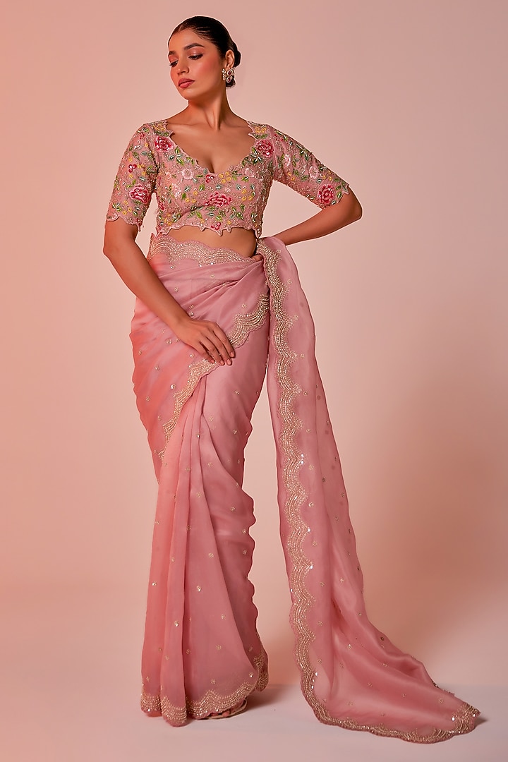 Pink Silk Organza Zardosi Embroidered Wedding Saree Set by JUHI SHEKHAWAT at Pernia's Pop Up Shop