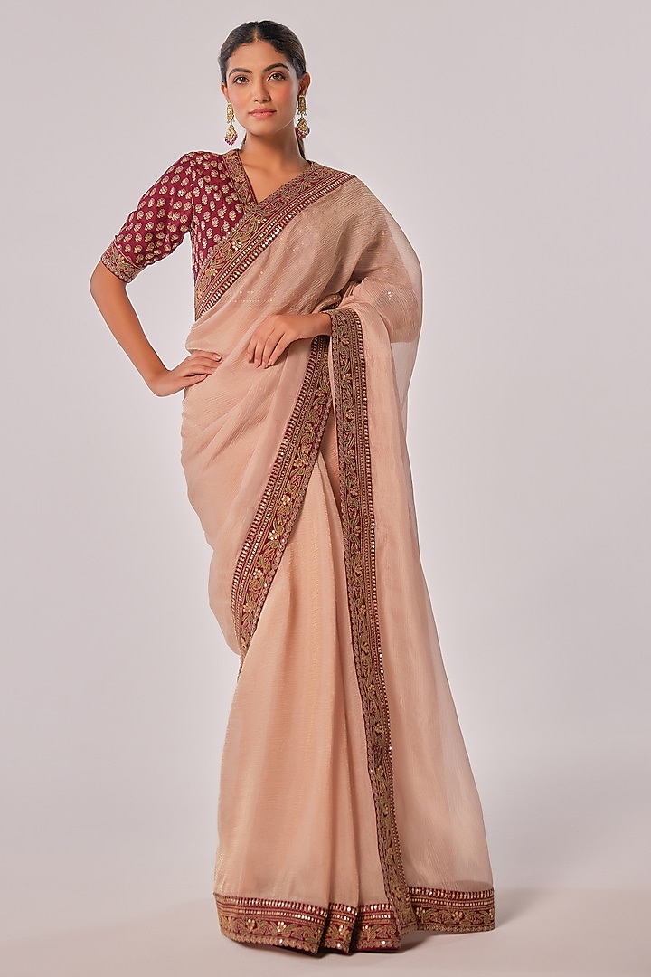 Gold Hued Crushed Tissue Zari Embroidered Wedding Saree Set by JUHI SHEKHAWAT at Pernia's Pop Up Shop