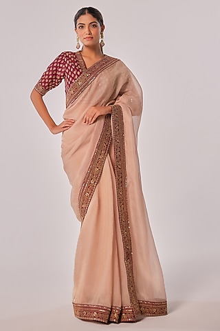Gold Hued Crushed Tissue Zari Embroidered Saree Set by JUHI SHEKHAWAT