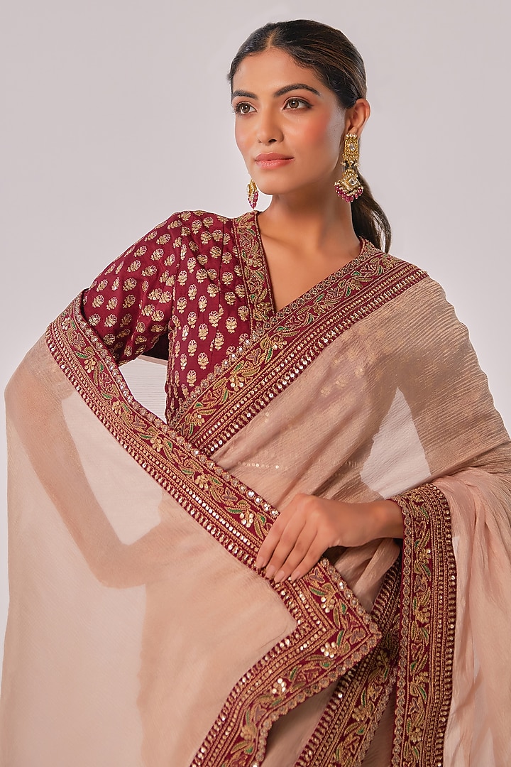 Gold Hued Crushed Tissue Zari Embroidered Wedding Saree Set by JUHI SHEKHAWAT at Pernia's Pop Up Shop