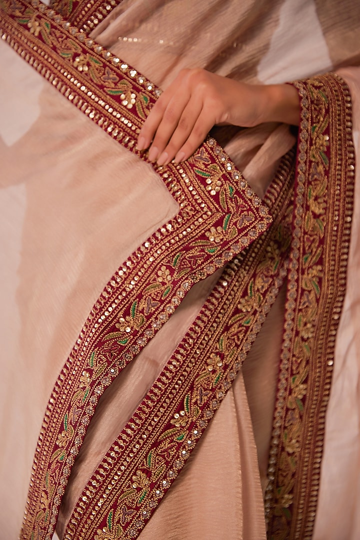 Gold Hued Crushed Tissue Zari Embroidered Wedding Saree Set by JUHI SHEKHAWAT at Pernia's Pop Up Shop