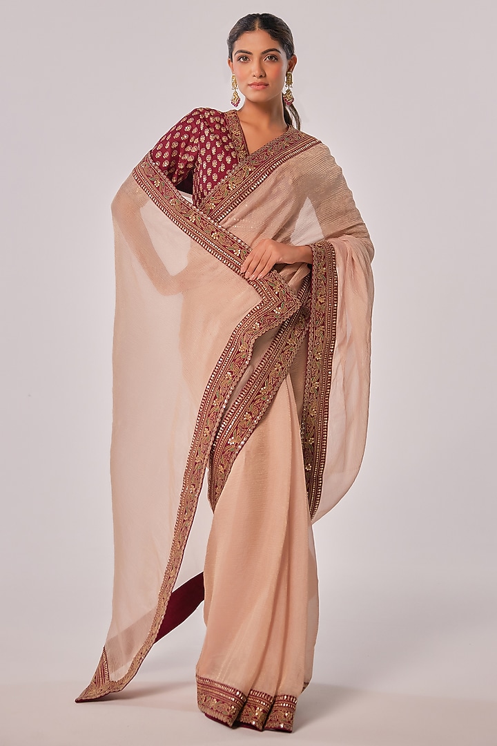 Gold Hued Crushed Tissue Zari Embroidered Wedding Saree Set by JUHI SHEKHAWAT at Pernia's Pop Up Shop