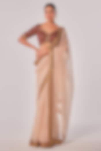 Gold & Peach Crushed Tissue Zari Embroidered Wedding Saree Set by JUHI SHEKHAWAT at Pernia's Pop Up Shop