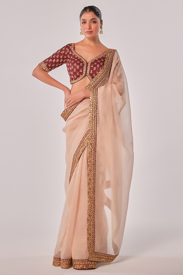 Gold & Peach Crushed Tissue Zari Embroidered Wedding Saree Set by JUHI SHEKHAWAT at Pernia's Pop Up Shop