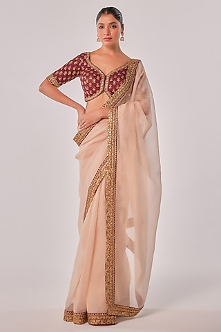 Gold & Peach Crushed Tissue Zari Embroidered Saree Set by JUHI SHEKHAWAT