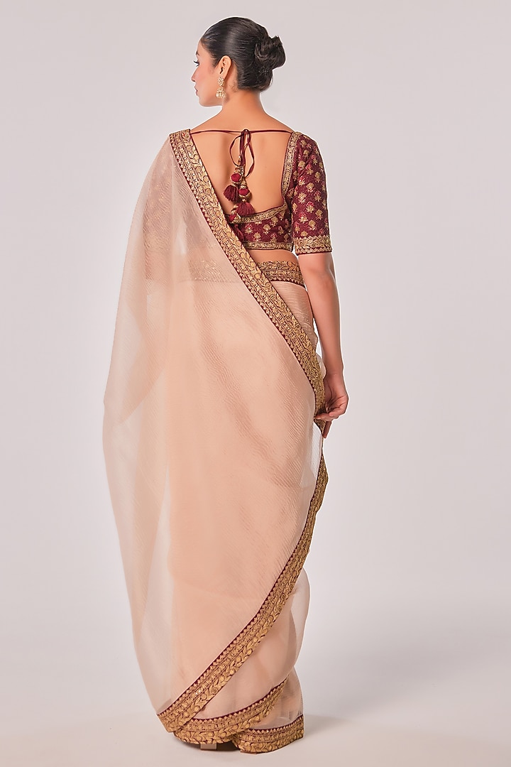 Gold & Peach Crushed Tissue Zari Embroidered Wedding Saree Set by JUHI SHEKHAWAT at Pernia's Pop Up Shop
