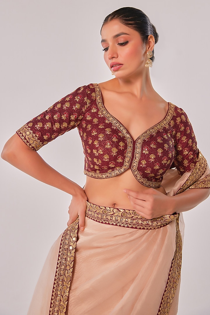 Gold & Peach Crushed Tissue Zari Embroidered Wedding Saree Set by JUHI SHEKHAWAT at Pernia's Pop Up Shop