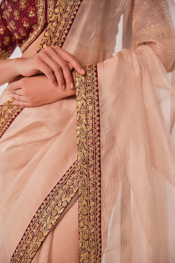 Gold & Peach Crushed Tissue Zari Embroidered Wedding Saree Set by JUHI SHEKHAWAT at Pernia's Pop Up Shop