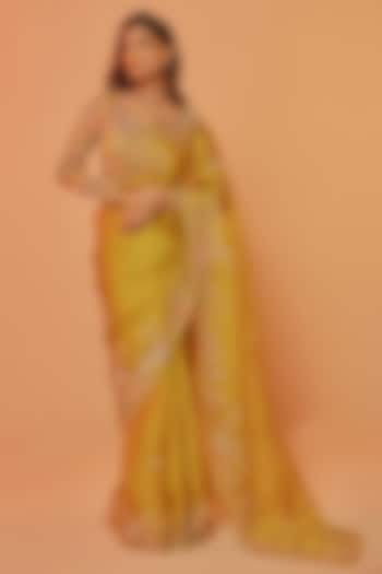 Yellow Silk Organza Zardosi Embroidered Wedding Saree Set by JUHI SHEKHAWAT at Pernia's Pop Up Shop