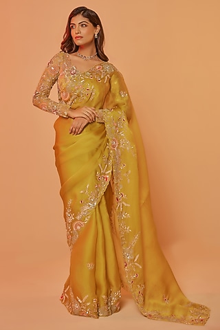 Yellow Silk Organza Zardosi Embroidered Saree Set by JUHI SHEKHAWAT