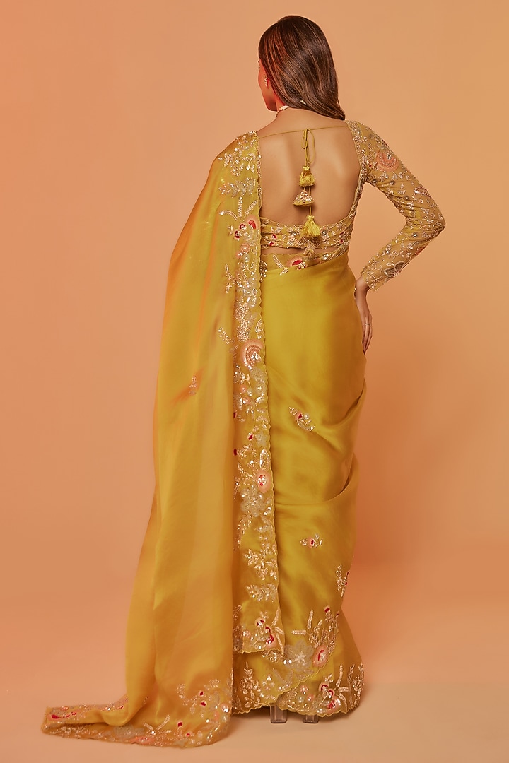 Yellow Silk Organza Zardosi Embroidered Wedding Saree Set by JUHI SHEKHAWAT at Pernia's Pop Up Shop