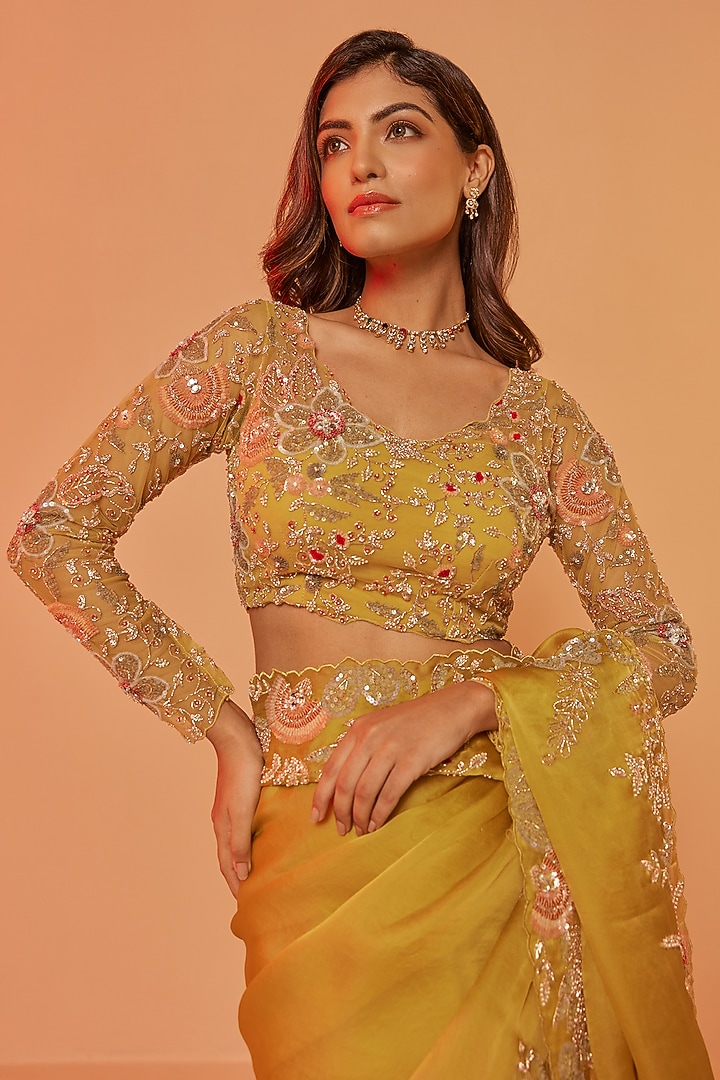 Yellow Silk Organza Zardosi Embroidered Wedding Saree Set by JUHI SHEKHAWAT at Pernia's Pop Up Shop